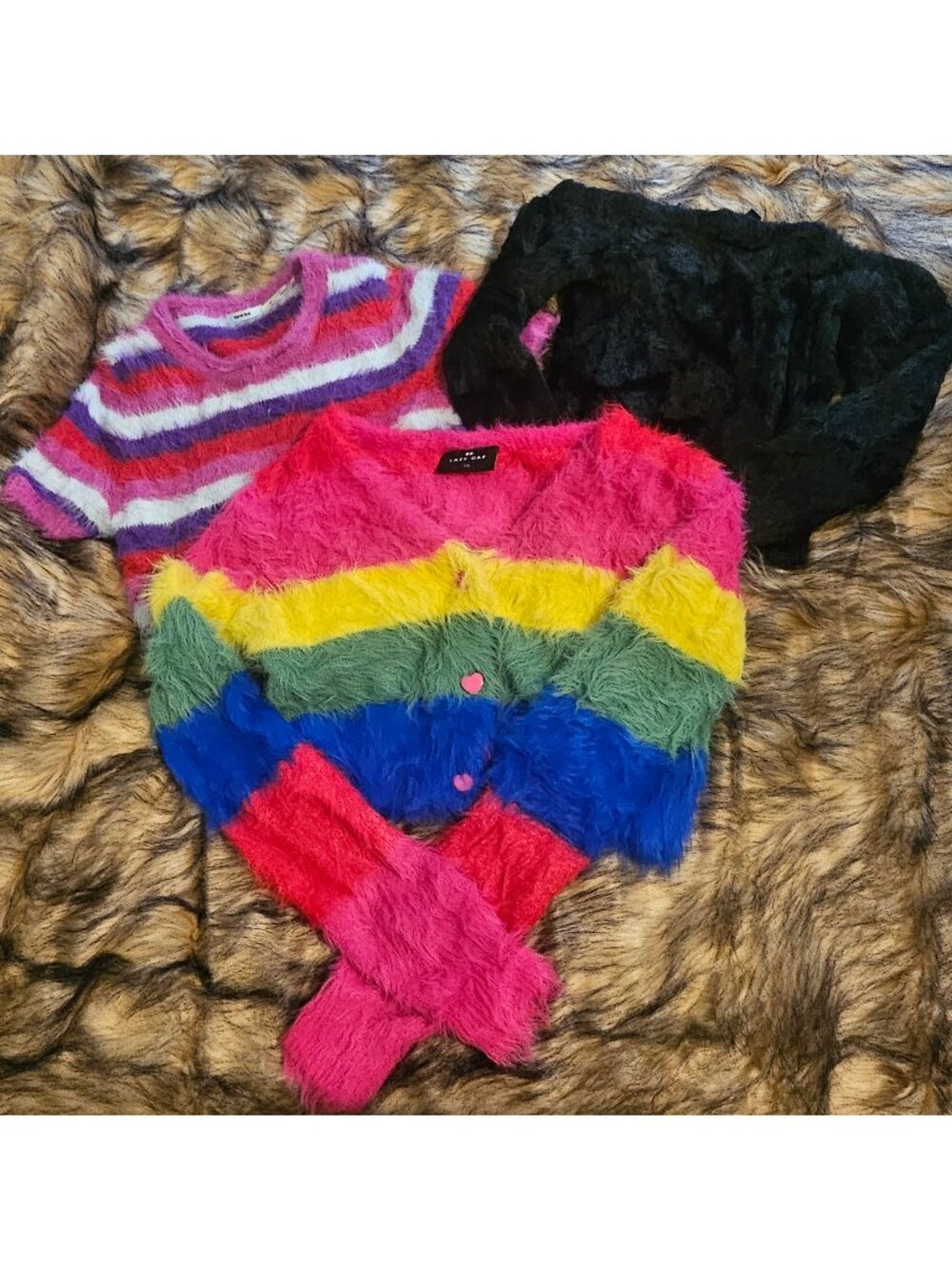 Fuzzy Furry Eyelash Sweater Rainbow Lazy Oaf Kimchi Blue Cardigan Lot of 3